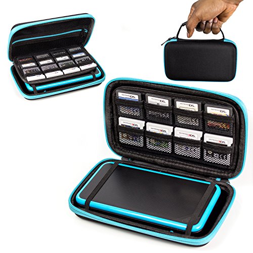 Orzly 2DS XL Case, Tasche für das Neu Nintendo 2DS XL - Aufbewahrungstasche / - Hartschalen Case/Cover/Hülle/Schutzhülle für die New Nintendo 2DS XL Konsole & Accesoires - BLAU auf Schwarz
