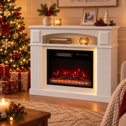 HOMAVO Elektrokamin mit Heizung 2000W, Kaminmöbel mit LED | 12 Flammenfarben, 4 Holzscheitfarben, 42 LED-Effekte, Fernbedienung & Timer 1–8 Std.