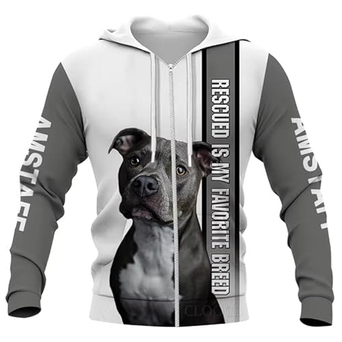 keephenDE Mode Tierrettung Amstaff Hund 3D gedruckt Hoodie Männer Frauen Sweatshirt Jacke lässig mit Kapuze Reißverschluss Mantel