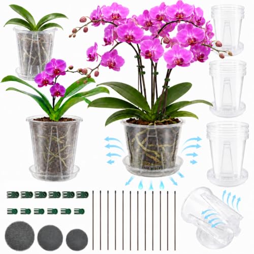 TXGSDXS 12 Stück Orchideentöpfe Transparent, 10/13/15 cm mit Untersetzern | Mit Ablaufgittern, Stützstäben und Clips, Belüftungslöchern sowie robustem Kunststoff für gesundes Wurzelwachstum