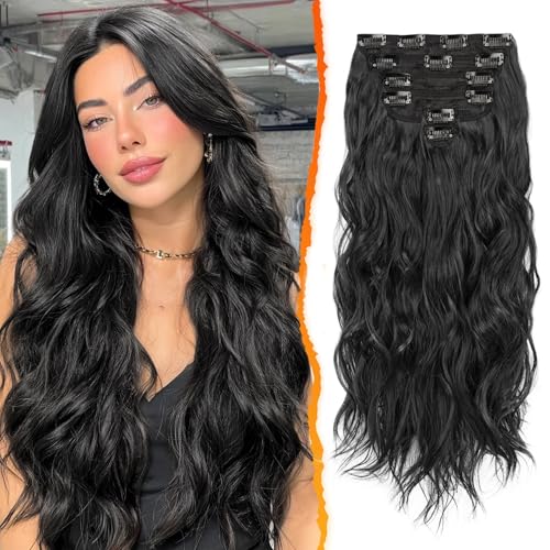 BARSDAR Clip in Schwarz Haarverlängerung Für Damen, 50CM Lang Wellig Haarextension Clip in 6PCs Voller Kopf Dickes Synthetisches Haarteil Halloween (Natürliches Schwarz)