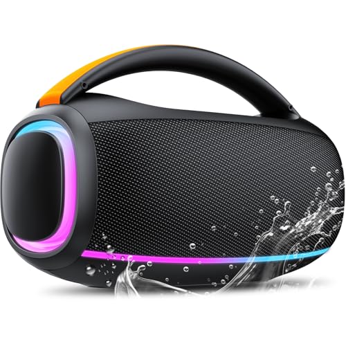 Ajblg Bluetooth Lautsprecher mit Licht, 80W Musikbox Bluetooth, Dualen Bass-Treibern, 8000mAh großer Akku, IPX7 Waterproof, TWS, AUX, TF, Bluetooth Box Geeignet Outdoor/Party/Baustelle