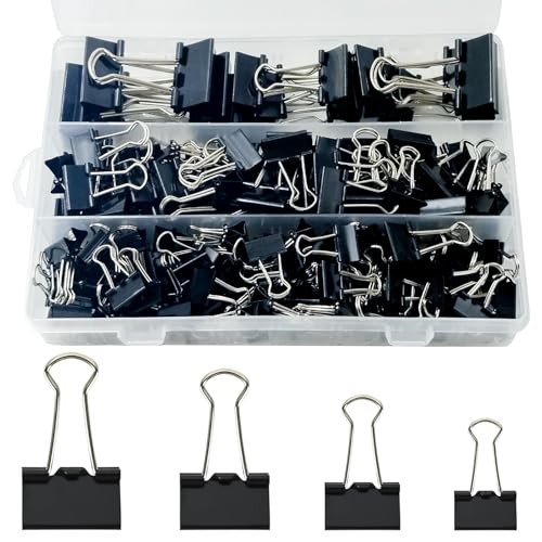 170 Stück Foldback Klammern Set, 15mm/19mm/25mm/32mm Schwarz Binder Clips Büroklammern, Vielzweckklammern Dokumenten Clips, MetallKlammern Papierklammern für Schule Bürobedarf Briefpapier Notizen