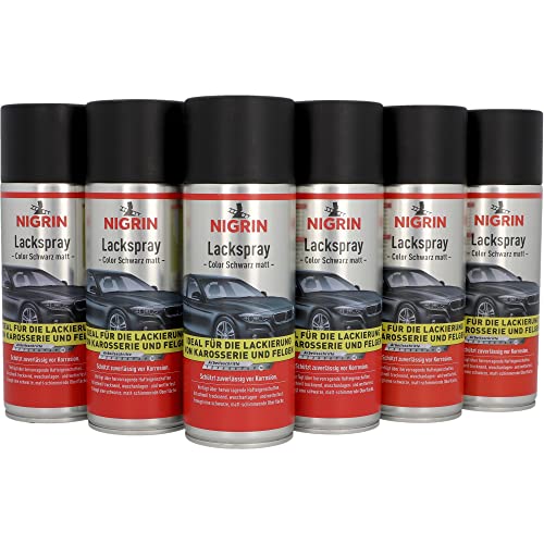 NIGRIN Lackspray, 6 x 400 ml, mattschwarzer Autolack, schützt Felgen und Karosserie vor Rost, schnell trocknend, Schwarz Matt