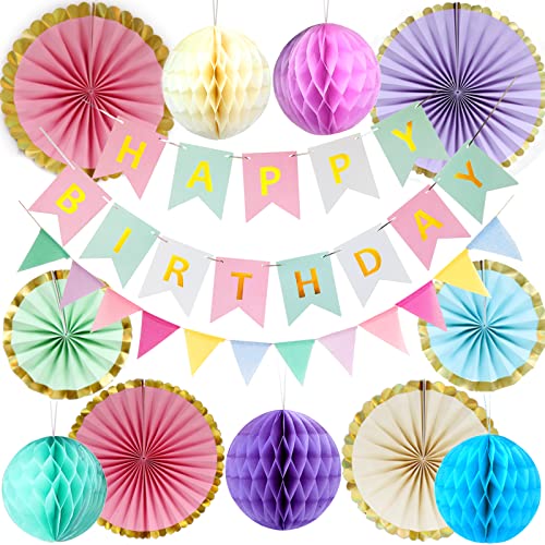 POTFGUI Wiederverwendbare Geburtstagsdeko, Pastellfarbene Happy Birthday Girlande, Wimpelkette, Wabenbälle, Pompons Deko, Kindergeburtstag Deko, Geburtstagsdeko Frauen