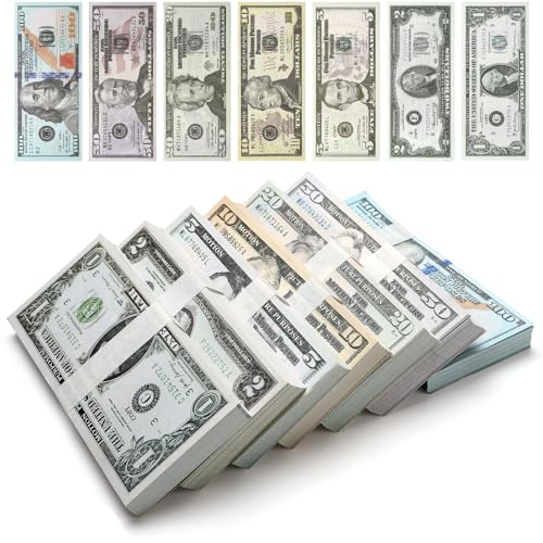 TXXATX 210 Blätter Spielgeld Fake Geld Enthält 7 Werte Prop Money 1$ 2$ 5$ 10$ 20$ 50$ 100$ Falschgeld Geldscheine Dollar Scheine für Studium Filmen Zauberrequisiten Money Gun