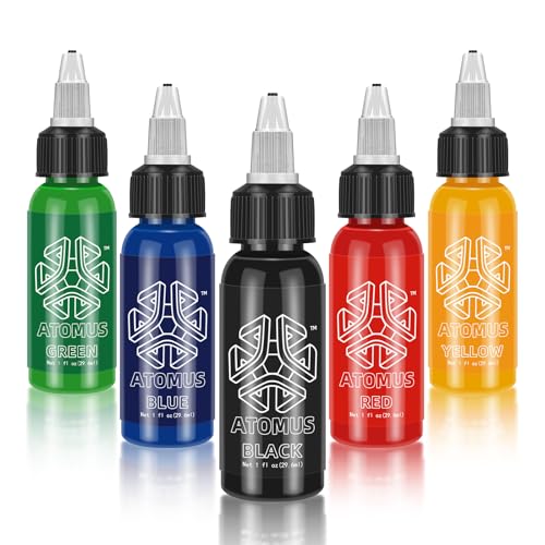 ATOMUS Tattoo Tinten 5er Set 1oz (30ml) - Gelb, Schwarz, Blau, Rot, Grün - Wasserfest - Erwachsene