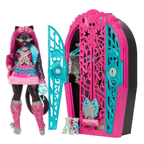 Monster High Skulltimate-Secrets-Set aus Puppe und Accessoires, Hauntlywood Mysteries Catty Noir mit zauberhaftem Kleiderschrank und über 19 modischen Überraschungen wie Puppenkleidung, JBG82