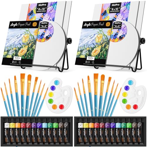 Nicpro Acrylfarben Set für Erwachsene, 24 Tuben × 12 ML Acrylfarbenset, 6 Leinwänden, 20 Pinseln, 2 Tischstaffeleien, Papierblock, Mischpalette, Acrylic Paint Set Für Künstler,Profis,Anfänger