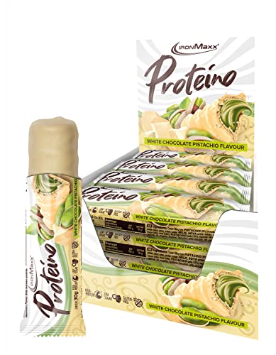 IronMaxx Proteino Proteinriegel 12x30g - White Chocolate Pistachio | High Protein Bar mit cremiger Füllung auf Waffelbasis | Zuckerreduziert glutenfrei palmölfrei Fitness Snack