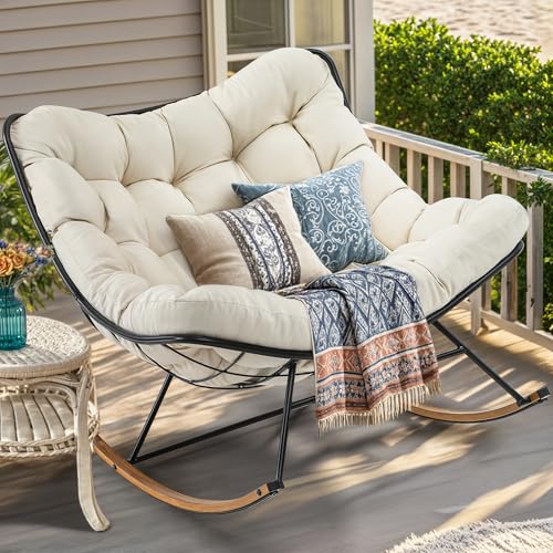 YITAHOME Übergroßer Schaukelstuhl, Breiter Schaukelstuhl mit Extra Dicker Sitzauflage, Bequemer Lounge Sessel für Innen- und Außenbereich, Wohnzimmer, Terrasse, Garten, Veranda (Beige)