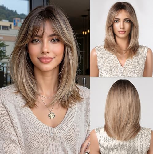 Esmee Kurze Gerade Ombre Blonde Bob Perücken Mit Vorhang Pony Schulter Länge Natürliche Perücke Synthetische Cosplay Perücken für Frauen