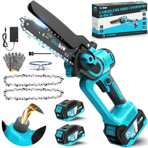 Bluebow Mini Akku Kettensäge - 6 Zoll Starker Brushless 8000mAh Akku Kettensäge mit Automatischer Öler, Sicherheitsschloss, Ersatzkette, Elektro Handkettensäge für Gartengeräte Astsäge