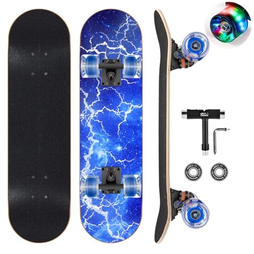 GIEEU Skateboards mit bunten blinkenden Rädern für Anfänger, Kinder, Teenager, Erwachsene, komplettes Standard-Skateboards, 9 Schichten Ahorn-Deck, konkaves Skateboard