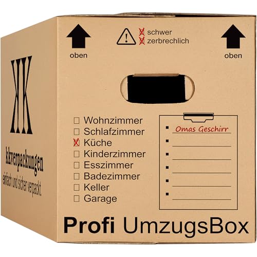 KK Verpackungen Umzugskartons Profi 63x29x33 cm, 20 Stück, extra groß, 40 kg Traglast, 4-fach verstärkte Griffe, 3 Beschriftungsseiten, Stabiler Karton, Wiederverwendbare Umzugsbox