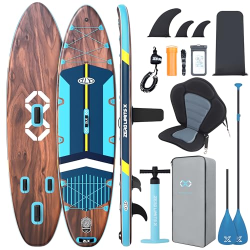 ZLX 350cm Extra Groß Stand Up Paddle Board mit Sitz Große Tragfähigkeit 550LB Inflatable SUP Board für Erwachsene Anfängerfreundlich Stabiles Anti-Rutsch-Deck (Holzmaserung Blau)