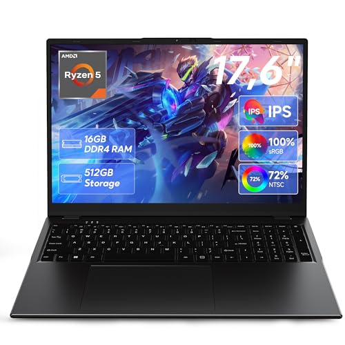 jumper 2026 Gaming Laptop 17,6 Zoll IPS 1920X1200, 16GB DDR4 RAM 512GB SSD, AMD R5 3500U(bis zu 3,7GHz), Leuchtende Tastatur, Leichte Business und Studenten Notebook, Vollfunktionale Typ-C/HDMI/WiFi6