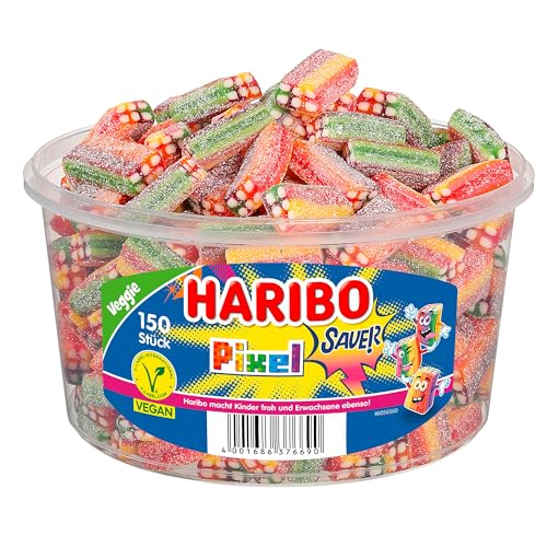 Haribo Rainbow Pixel Sauer – 150 Stück Runddose (1,2 kg) – Saure Fruchtgummi-Pixel in bunten Farben – Große Vorratsdose für Party, Büro & Sharing