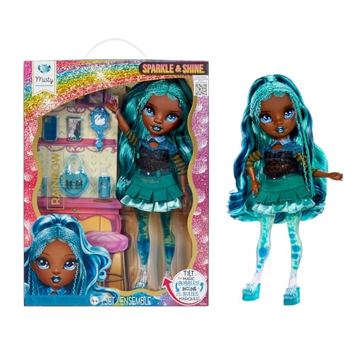 Rainbow High Sparkle & Shine Doll - Misty - 28 cm Modepuppe mit Türkisblauem Haar und Magischen Zauberblasen in den Beinen, Farbe, zum Stylen und Spielen, Sammlerstück, Für Kinder von 4 bis 12 Jahren