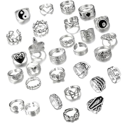 29 Stück Ringe Set, Y2k Accessoires Dekorieren Emo Accessoires, Ring Set Silber Männer Und Frauen Können Schmuck Tragen, Silver Neue Muster Schädel Blumen Schlangen Usw (Silbrig)