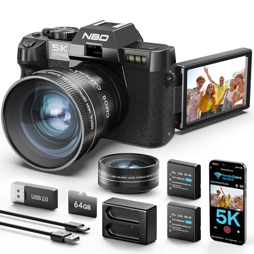 NBD 5K Digitalkamera 64MP, Autofokus, 16X Digitalzoom | 3 Zoll 180° Klappdisplay, WLAN, Weitwinkel/Makro, 2 Akkus, 64GB Karte, Vlogging, Reisen, Anfänger