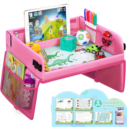 lenbest Kinder Reisetisch Kindersitz Spiel, Lernspielzeug für den Innenbereich mit 1 Transparenter Zeichnungsfilm + 5 Zeichenpapier + 6 Farbstifte - Zeichenbrett Geschenk für zu Hause, Reise (Rosa)