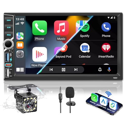 2-DIN-Autoradio, BT-Autoradio, Car Play mit kabellosem Carplay und Android Auto, Doppel-DIN, 7-Zoll-HD-Touchscreen, RDS-FM-Radio/Typ C/Schnellladung/Mikrofon/Rückfahrkamera