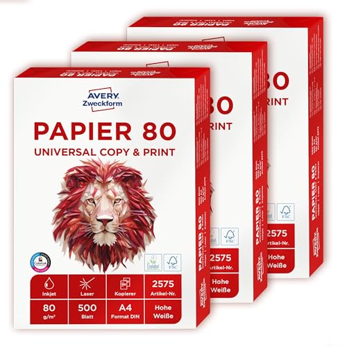AVERY Zweckform 2575 Druckerpapier, Kopierpapier (1.500 Blatt, 80 g/m², DIN A4 Papier, für alle Drucker) 1 Box mit 3 Pack, weiß