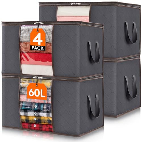 Lifewit 4 Stück Aufbewahrungstasche, Aufbewahrungsbox mit Deckel, Kleiderschrank Organizer Faltbare Kleideraufbewahrung Umzugskartons mit Verstärkt Griff für Bettdecken Kleidung Decke, Grau, 60L
