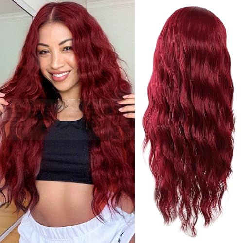 ZXTGBQ 68cm Rote Damenperücke, Lange lockige, Gewellte Perücke für Damen, Gewellt, Weinrot, Gelockt, Lange Wassergewellte Perücke für Halloween Tägliche Kostüm Party