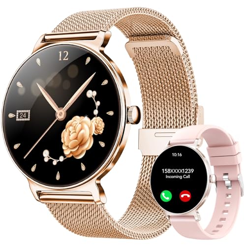 Smartwatch Damen mit Telefonfunktion, 1,27-Zoll AMOLED-HD Voll-Touchscreen Smartwatch, 120+ Sportmodi, IP68 Wasserdicht Fitness Tracker mit Herzfrequenz, Schlafmonitor für iOS Android, Roségold