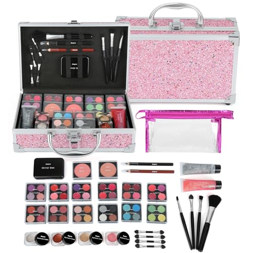 Anpro Veganes Hot Pink Schminkkoffer, Make Up Set für unterwegs mit Kosmetikpinsel, Lippenstift, Lidschattenpalette, Rouge, Glitzer-Gel in Rosa, lustiger Reise-Schminkkoffer für Mädchen