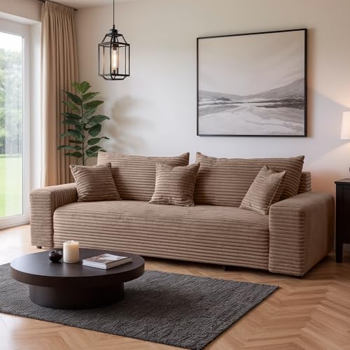 SOFILAND Cordo Schlafsofa 265×150 cm mit Bettkasten – Cord Sofa TILIA Breitcord, SoftTouch Komfort, 3-Sitzer Couch, abnehmbare Kissen, Easy Clean & Pet Friendly (Bronze)