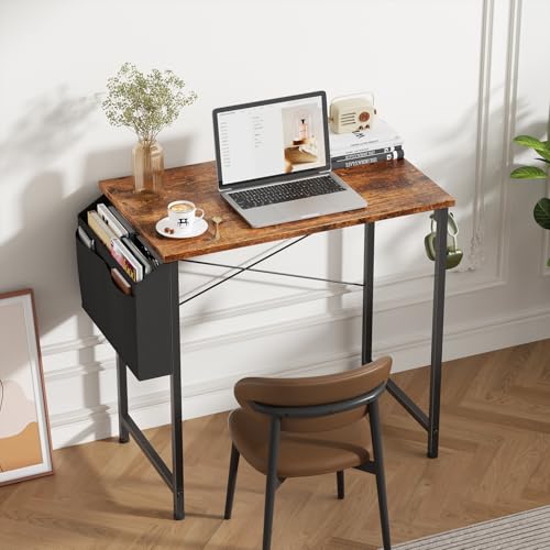 Flycity Tisch, Schreibtisch, Bürotisch, 100 x 48 x 75 cm, Computertisch mit Aufbewahrungstasche, Metallgestell, Geeignet für Wohnzimmer, Büro, Arbeitszimmer, Schlafzimmer, Vintage-Braun