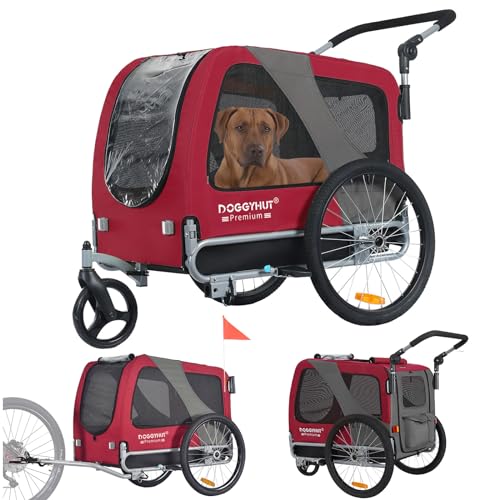 DOGGYHUT® Premium Large 2 in 1 Hunde fahrradanhänger & Hundebuggy Jogger Hundeanhänger groß ca. 270 Liter Volumen für mittelgroße und große Hunde bis 35 kg (ROT/SCHWARZ)