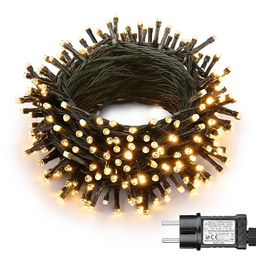 Joomer Lichterkette Außen 100 LED, 10M Weihnachtsbaum Lichterkette Strombetrieben mit Timer, 8 Modi Wasserdicht Weihnachtsbeleuchtung Innen Grünes Kabel für Outdoor Party Garten Hochzeit, Warmweiß