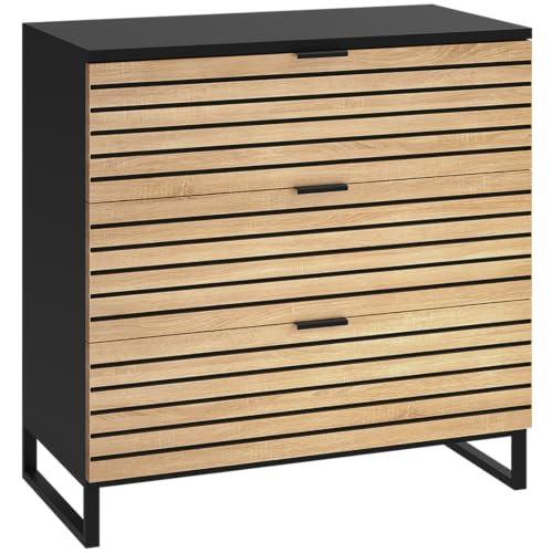 Bellamio Luvua Kommode – Sideboard in schwarz mit Eichen-Front – Lowboard mit 3 Schubladen – Aufbewahrungskommode für Wohnzimmer, Schlafzimmer, Flur – Holz Schrank 80 x 40 x 80 cm (HxTxB)