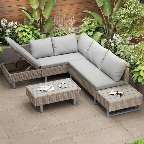 Rtopsu Polyrattan Gartenmöbel Sitzgruppe Sofa Set für 5 Personen, Gartenlounge Balkonmöbel Terrassenmöbel mit Ecksofa Gehärtetem GlasTisch und Auflagen für Innenhof Garten Balkon, Khaki