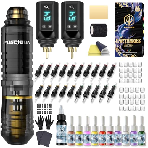 POSEIDON Akku-Rotary Tattoo Machine Kit mit 20 Tattoo-Kartuschennadeln, Tintenset & 2 Akkus | Professionelles Tattoo-Gerät für Anfänger | Komplettes Starter-Set (HM142)