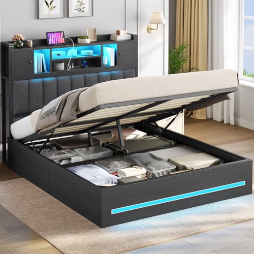 AOGLLATI Bett 140x200 mit Hydraulischem Stauraum & Kopfteil Stauraum Polsterbett Jugendbett mit LED Beleuchtung und Ladestation Doppelbett Bettgestell mit Lattenrost aus Holz(Schwarz, 140x200cm)