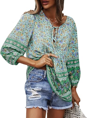 CNTSFS Bluse Damen Elegant Lässige Boho V-Ausschnitt Blumenmuster Lose Tunika Damen Langarm Sommer(Grün S)