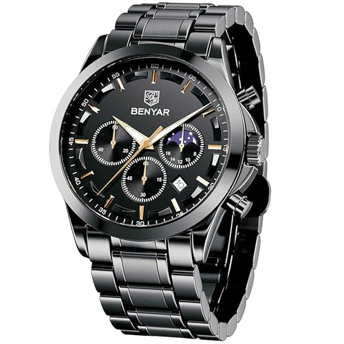 Benyar Herren-Armbanduhr, wasserdicht, Chronograph, beleuchtet, klassisch, Lederarmband, großes Zifferblatt, Datum, analog und Kratzfest, Elegantes Geschenk (Schwarz/Schwarz), Blau-Silber-B, Lässig
