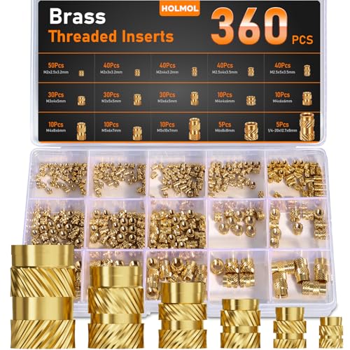 Gewindeeinsatz 360 Stück Set, HOLMOL Messing Einschmelzgewinde M2 M2.5 M3 M4 M5 M6 für Kunststoff, Gerändelt Einpressmuttern für 3D Druck Zubehör und DIY Projekte, Gewindeeinsätze mit Box