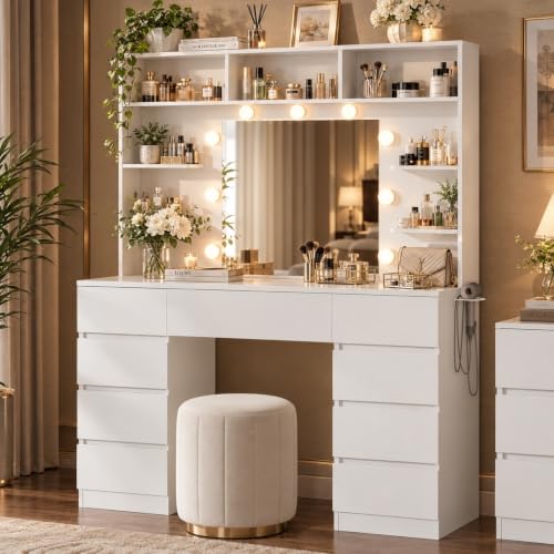 Schminktisch mit Spiegel und LED-Leuchten, Steckdosenleiste, 9 Schubladen