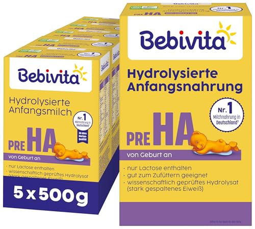 Bebivita PRE HA (5 x 500g), hydrolysierte Anfangsmilch von Geburt an, enthält nur Lactose als Kohlenhydrat, gut zum Zufüttern