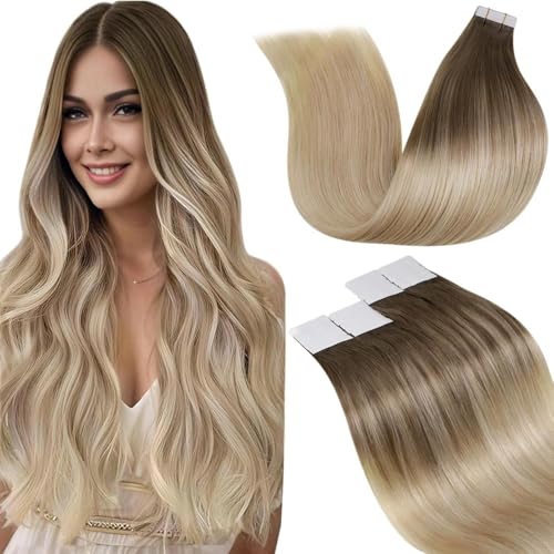 LaaVoo Extensions Echthaar Tape in Ombre Blond Echthaar Tape in Extensions Balayage Hellbraun zu Ashblond Platinblond Remy Haar Tape in Extensions 20pcs #8/18/60 30g 30cm