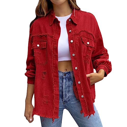 Generisch Oversized Jeansjacken für Damen, Lose, Langärmlige Jean Jacke mit Modischer Zerrissenheit, Lässige Basic Jeansjacke mit Lange Casual Waschung