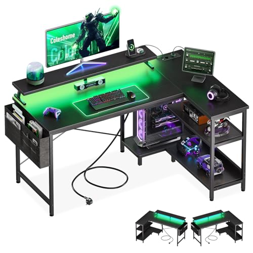 Coleshome Gaming-Tisch mit Stauraum, 120×80 cm Eckschreibtisch mit Regal & Stofftasche, reversibler L-förmiger Schreibtisch mit Steckdosen & LED für Büro & Arbeitszimmer, Schwarz