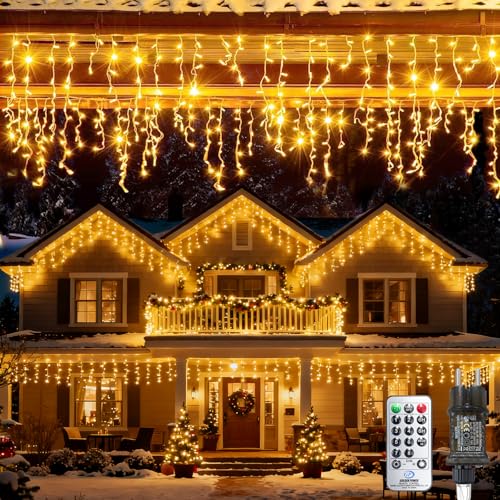 Bowfar Eisregen Lichterkette Außen, 15M 600LED Weihnachtsbeleuchtung mit Fernbedienung und Memory-Funktion, Warmweiß Wasserdicht Lichtervorhang Fenster für Balkon Party Weihnachten Haus Geländer