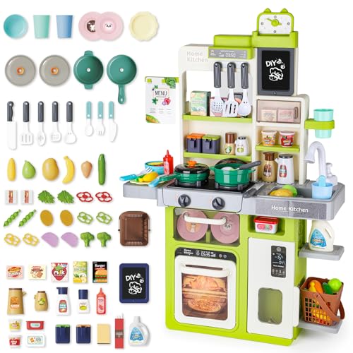 deAO Kinderküche Spielküche mit Licht Ton Wasser Dampf und Küchenzubehör, Kinder-Küchenspielset mit Kühlschrank Geschirrspüler Herd Spüle Backofen Essen Küche Spielzeug für Kinder ab 3 Jahren | Grün